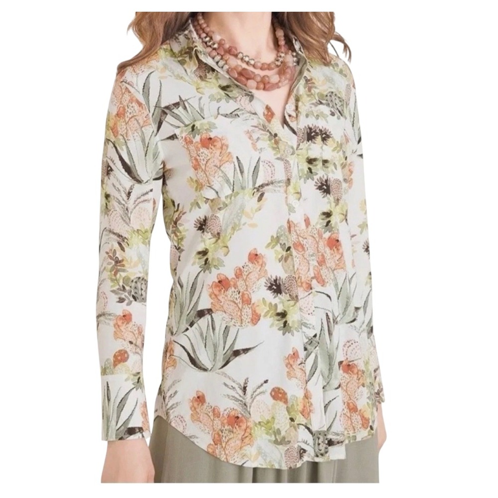 CHICO'S Button-Up Shirt Top DESERT FLOWERS CACTUS Modal Green Orange White 1/M